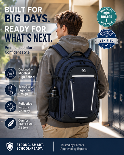 🔥🔥 Ergonomic Spine Support Backpack for Students – Lightweight, Reflective & Back-Friendly Design