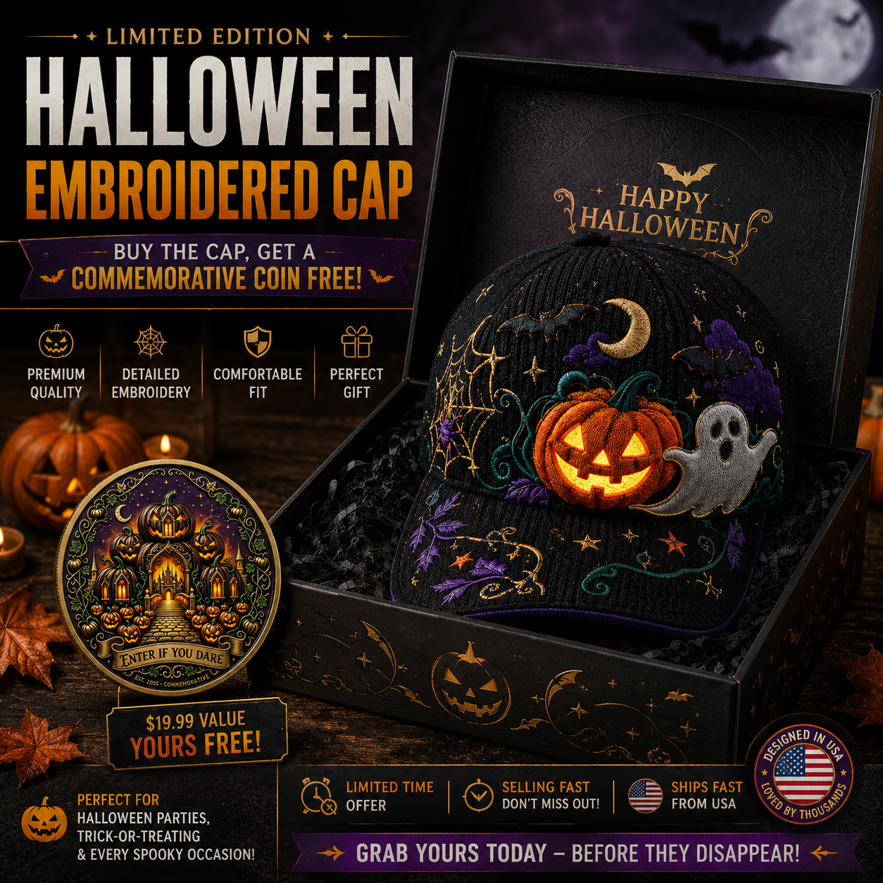 🎃 LIMITED EDITION Halloween Embroidered Cap + FREE Collector Coin | Save 45% Today – Spooky Season Must-Have!