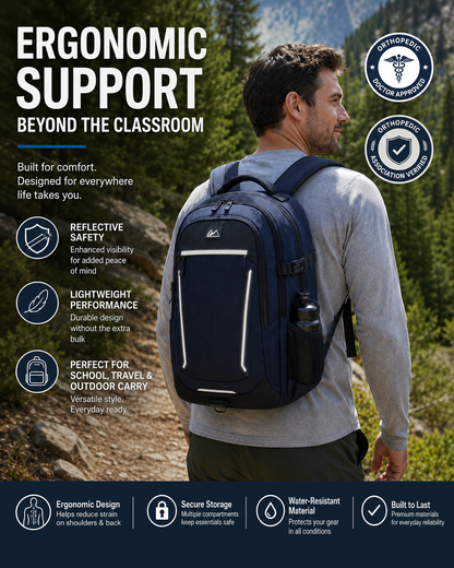 🔥🔥 Ergonomic Spine Support Backpack for Students – Lightweight, Reflective & Back-Friendly Design