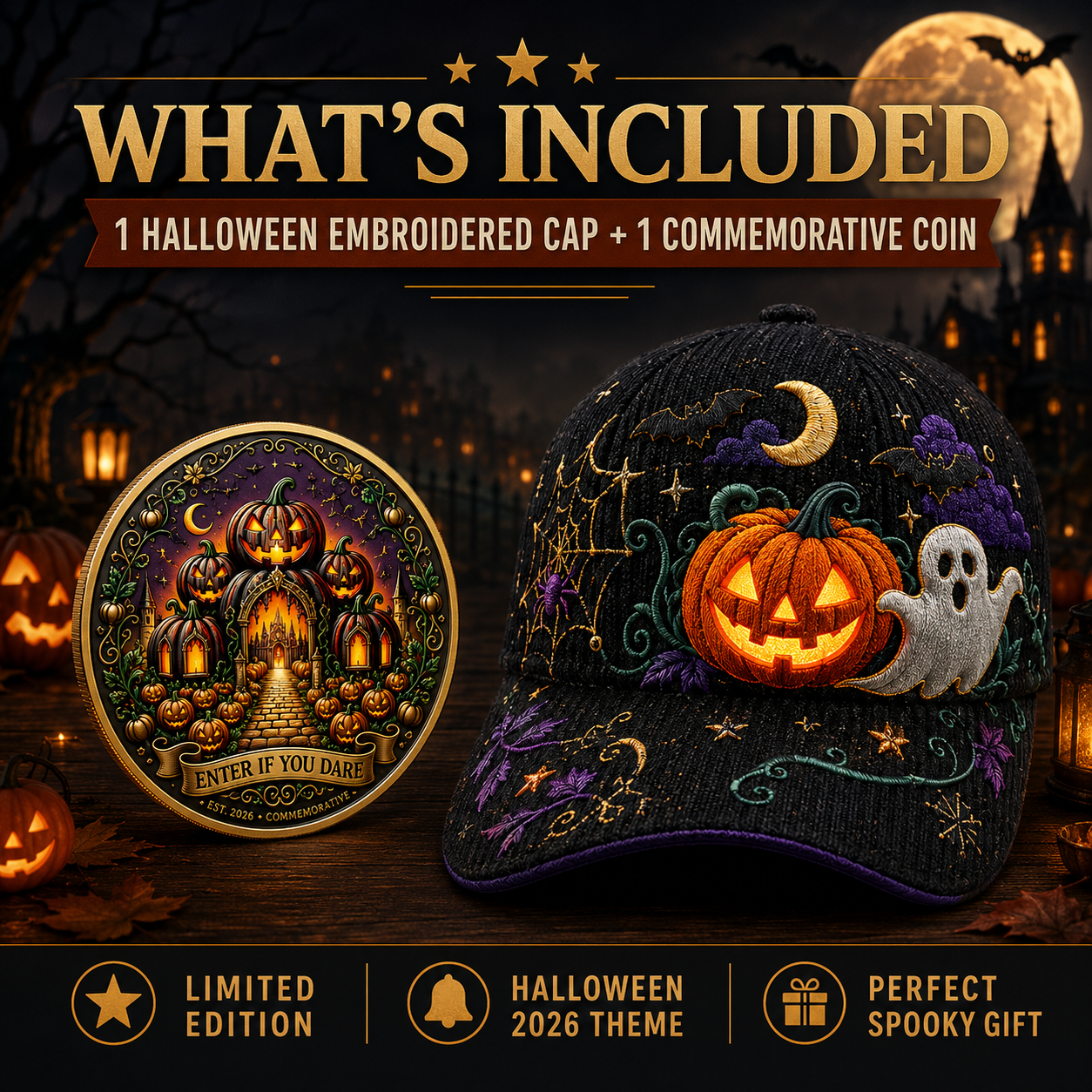 Halloween cap and commemorative coin gift set