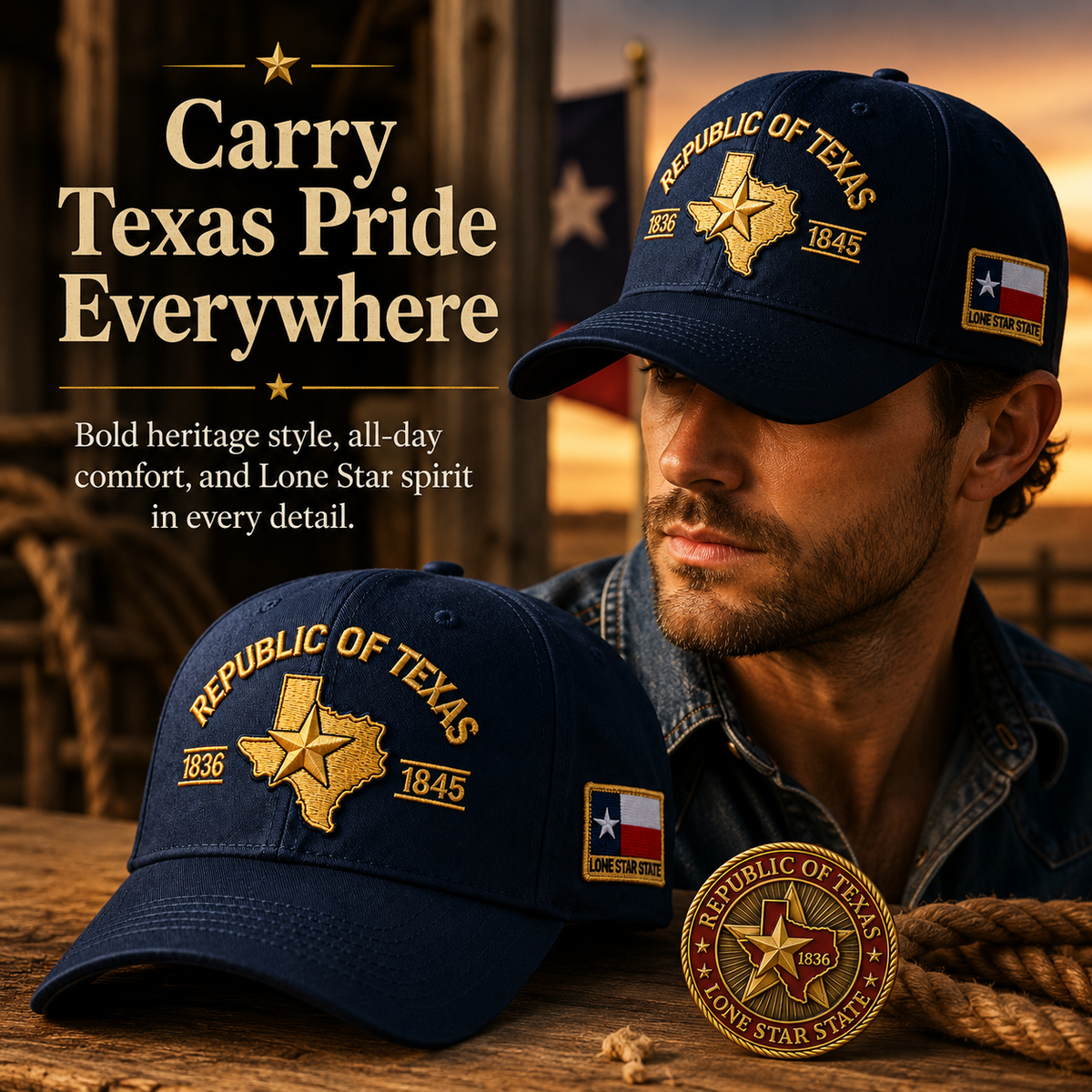 🔥Republic of Texas Embroidered Cap  🎁 Free Honor Coin With Every Cap Purchase