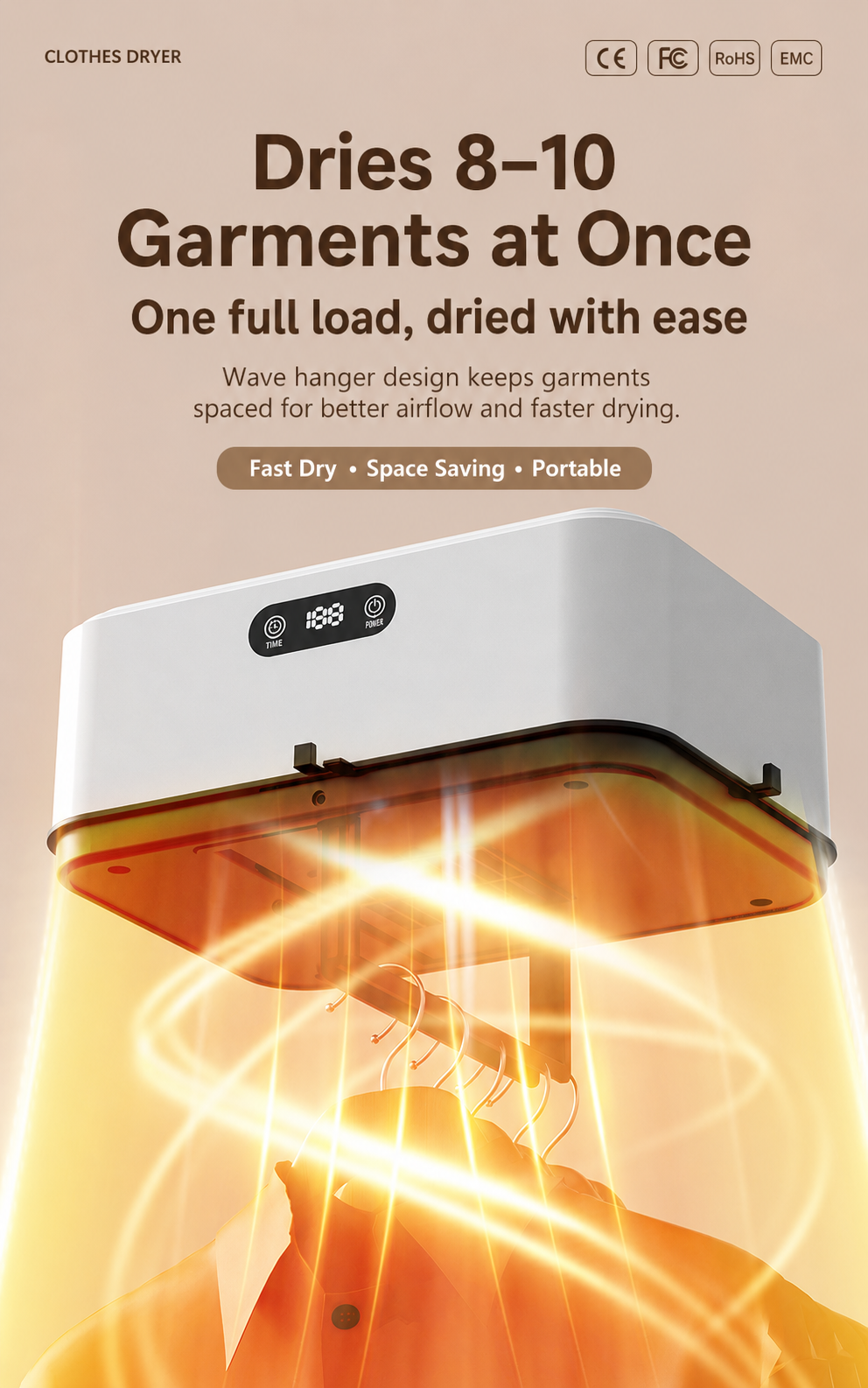 Portable dryer holding eight to ten garments