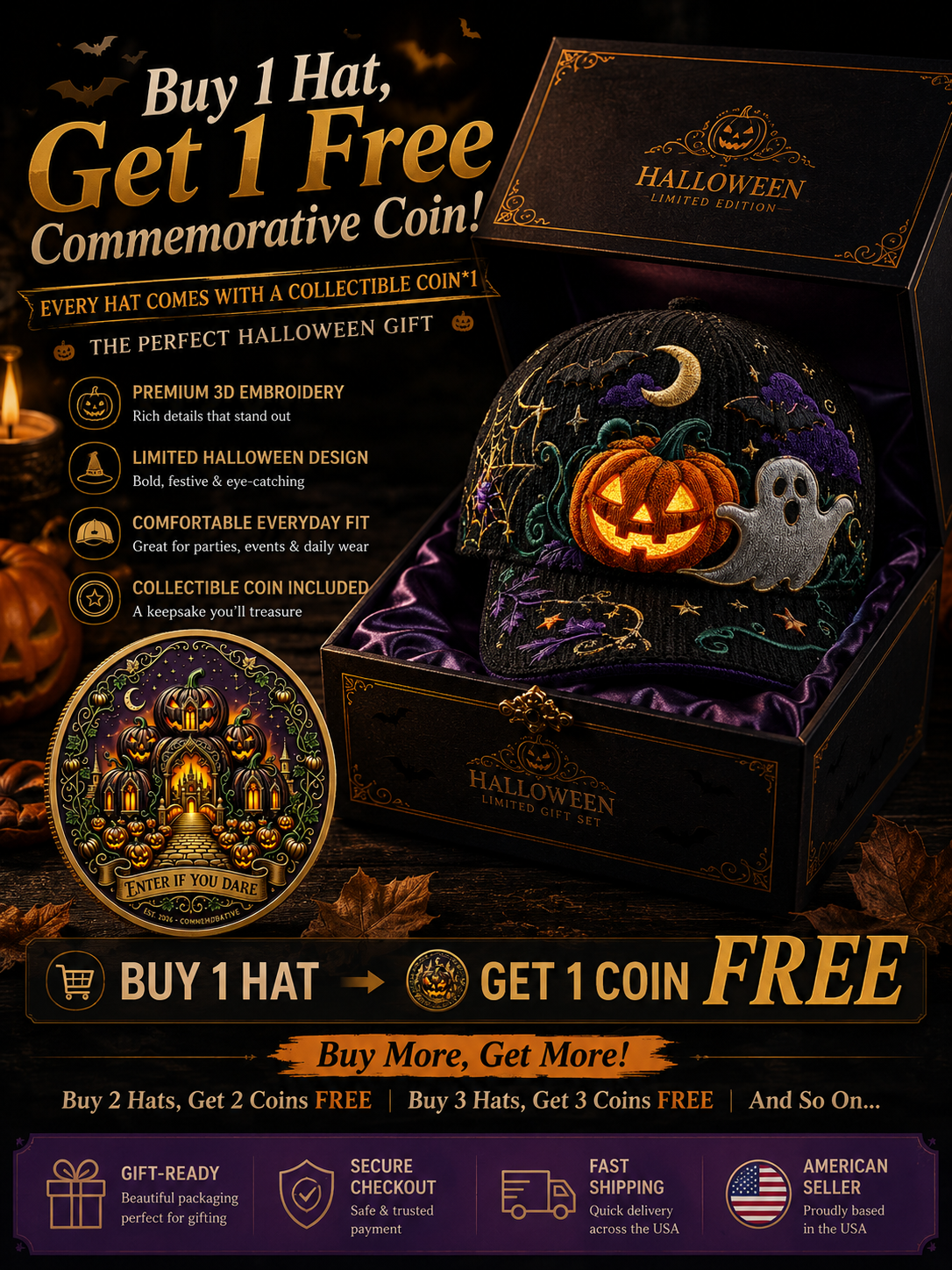 🎃 LIMITED EDITION Halloween Embroidered Cap + FREE Collector Coin | Save 45% Today – Spooky Season Must-Have!