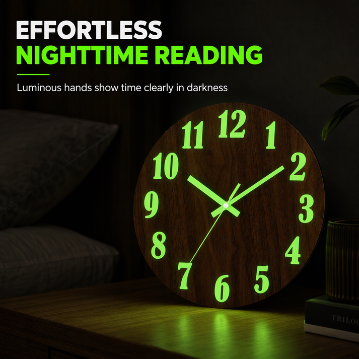 🔥Limited-Time Offer🕰️12-Inch Silent Wooden Wall Clock – Luminous Glow & MDF Wood Grain✨